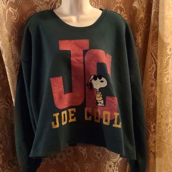 Peanuts Joe Cool Women's XL Loose Fit Crop Top Fleece lined Teal Pink Sweatshirt - Picture 1 of 9